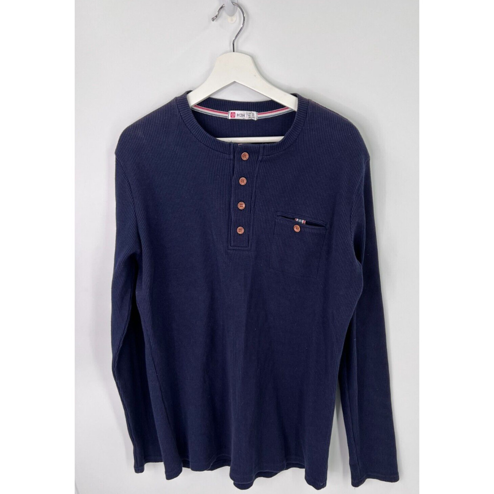 H2H Waffle Knit Pullover Sweater Chest Pocket 100% Cotton Navy Blue Youth XL